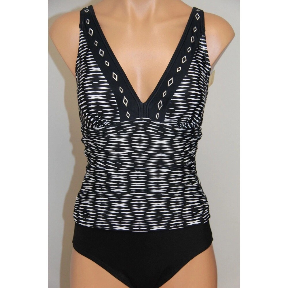 Maidenform Beach Slimming One Piece Swimsuit Geometric Black White V-Neck 8 NWT